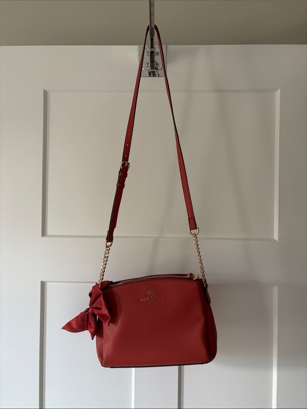 Red Crossbody Shoulder Bag with Bow Accent